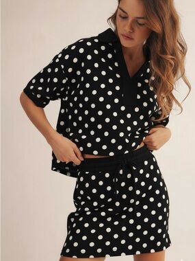 Black & White Polka Dot Skirt Set - Women's Two-Piece Lounge Set
